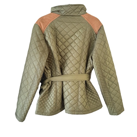 Laura Scott Green Quilted Jacket with Belt and Tan Faux-Suede Trim Size XL - Picture 3 of 11